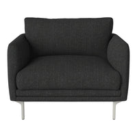 Stylish dark gray armchair with a textured fabric pattern and sleek silver legs. Perfect for modern decor.