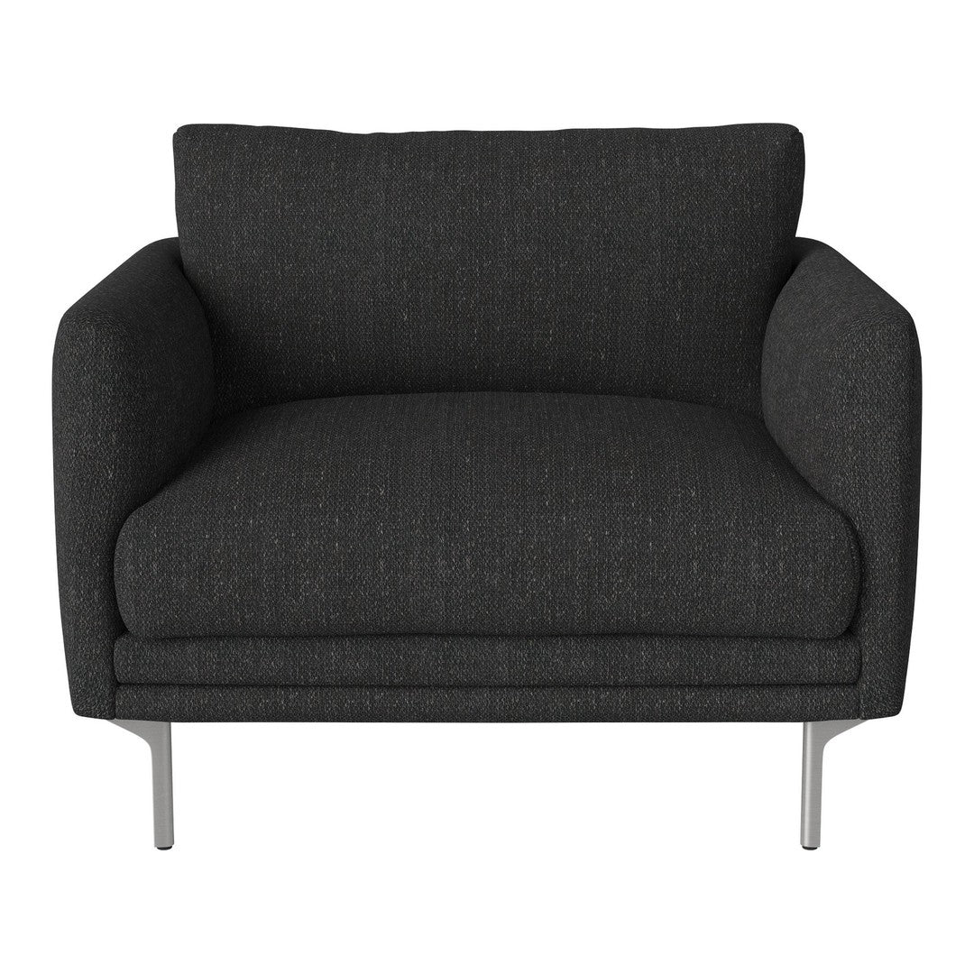 Gray upholstered armchair with a textured pattern and sleek metallic legs, perfect for modern décor.
