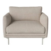 Beige upholstered armchair with a textured fabric and sleek metal legs, perfect for modern decor.