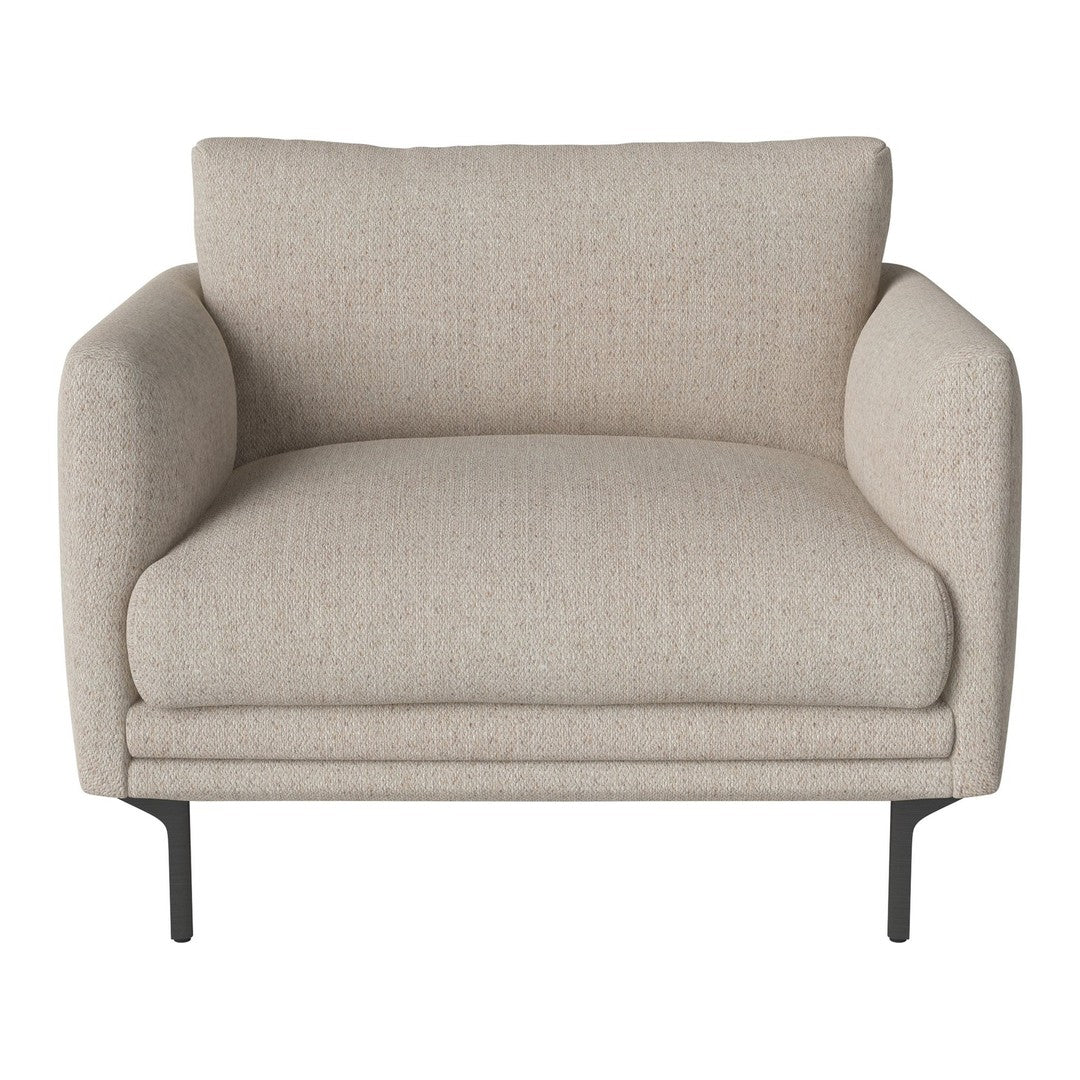 Beige upholstered armchair with textured fabric and black metal legs, offering a modern, minimalistic design.