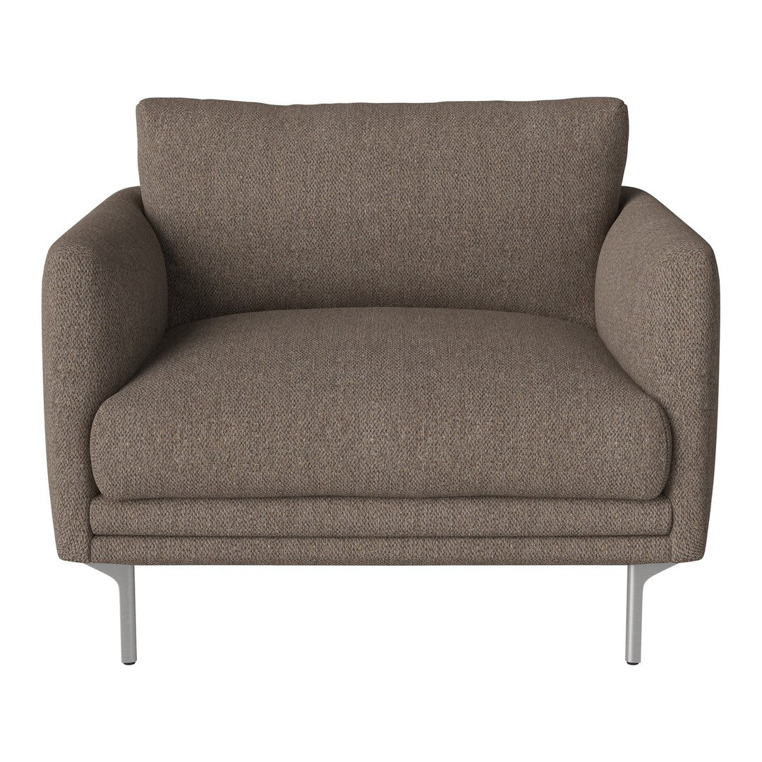 Brown upholstered chair with a textured fabric and sleek metal legs, adding a modern touch to any space.