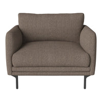Brown upholstered armchair with a smooth, textured fabric and simple, modern design featuring sleek black legs.