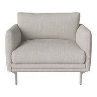 Light gray upholstered armchair with a smooth texture and simple, contemporary design on slender metal legs.
