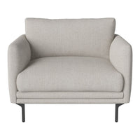 Light gray upholstered armchair with a smooth texture and minimalist design, featuring simple black metal legs.