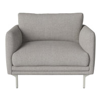 Light gray upholstered armchair with a smooth texture and minimalist design on sleek metal legs.