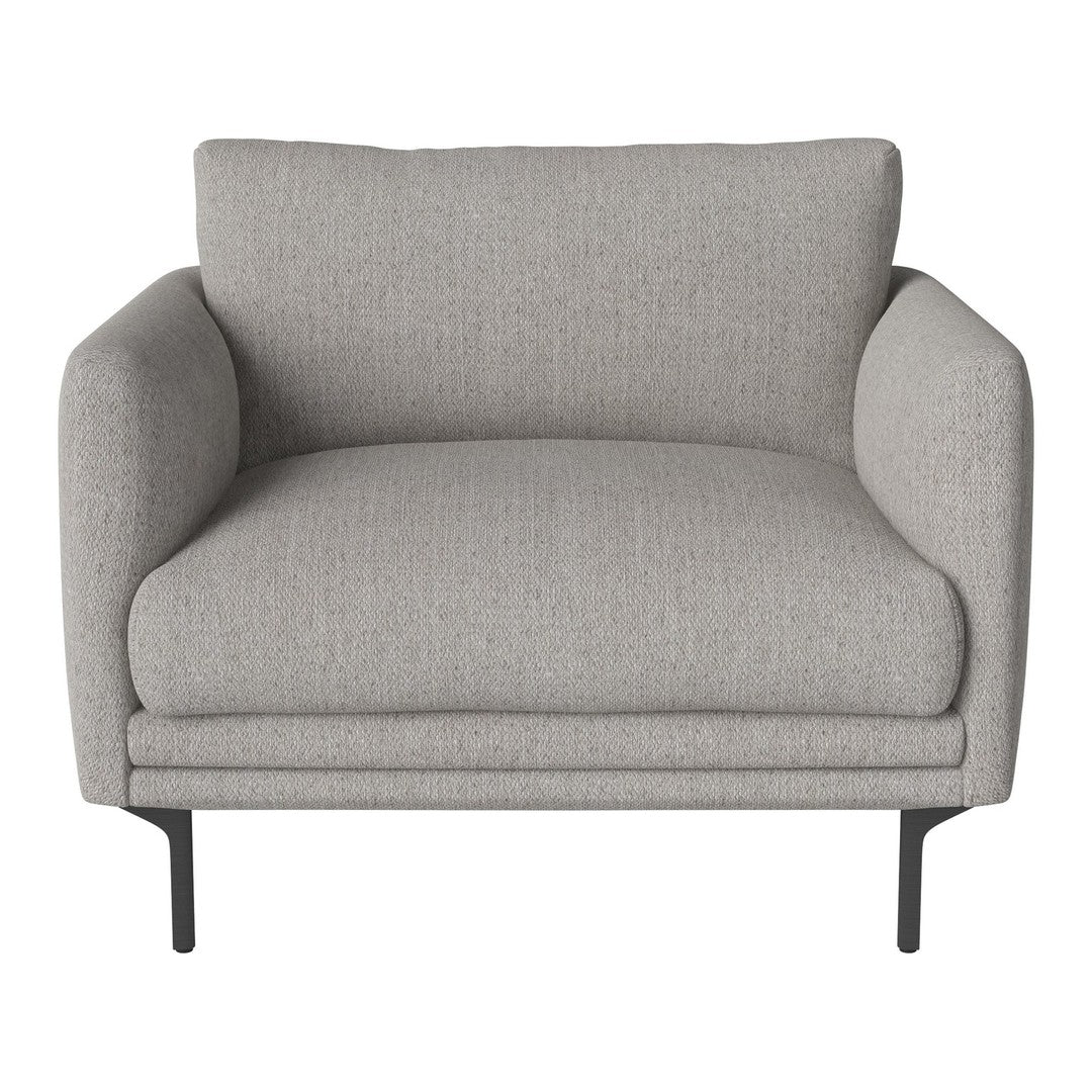 Light gray upholstered armchair with a smooth, minimalist design and black metal legs. Perfect for modern decor.