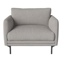 Light gray upholstered armchair with a smooth, minimalist design and black metal legs. Perfect for modern decor.
