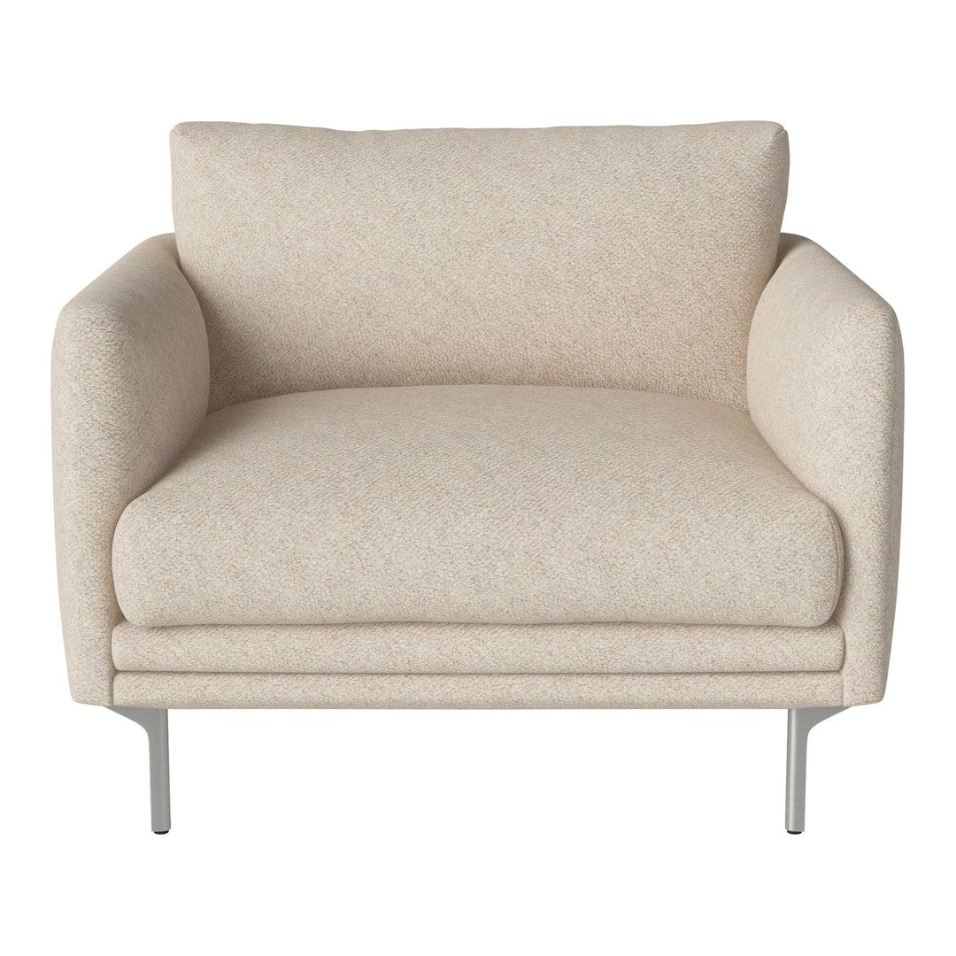 Beige upholstered armchair with a textured fabric and sleek metal legs, perfect for modern decor.