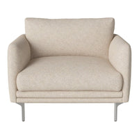 Beige upholstered armchair with a textured fabric and sleek metal legs, perfect for modern decor.