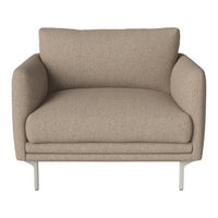 Beige upholstered armchair with a smooth texture and minimalist design, featuring sleek silver metal legs.