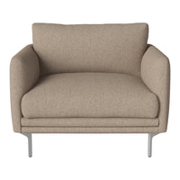 Beige upholstered armchair with a soft texture and minimalist design, featuring sleek silver legs. Perfect for modern decor.