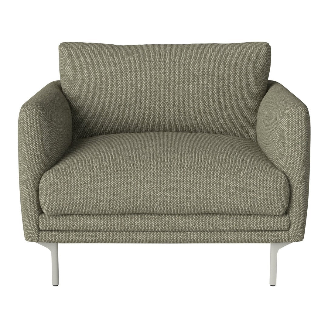 Textured olive green armchair with plush cushions and sleek metallic legs, perfect for modern decor.