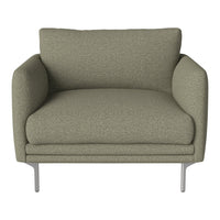 Olive green upholstered armchair with a textured fabric and sleek silver legs, perfect for modern decor.