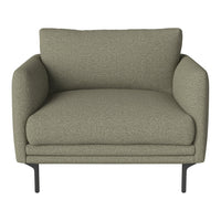 Olive green textured upholstery armchair with minimalist design, featuring soft cushions and sleek black metal legs.
