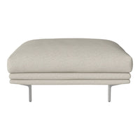 Light gray upholstered ottoman with smooth texture and minimalist design, featuring sleek silver legs.