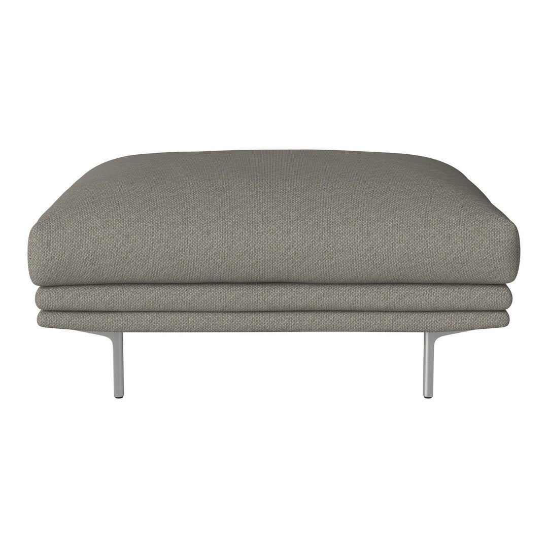 Gray upholstered ottoman with a smooth texture and minimalist design, featuring a sleek metal base.