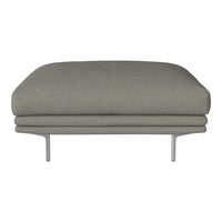 Gray upholstered ottoman with a smooth texture and minimalist design, featuring a sleek metal base.