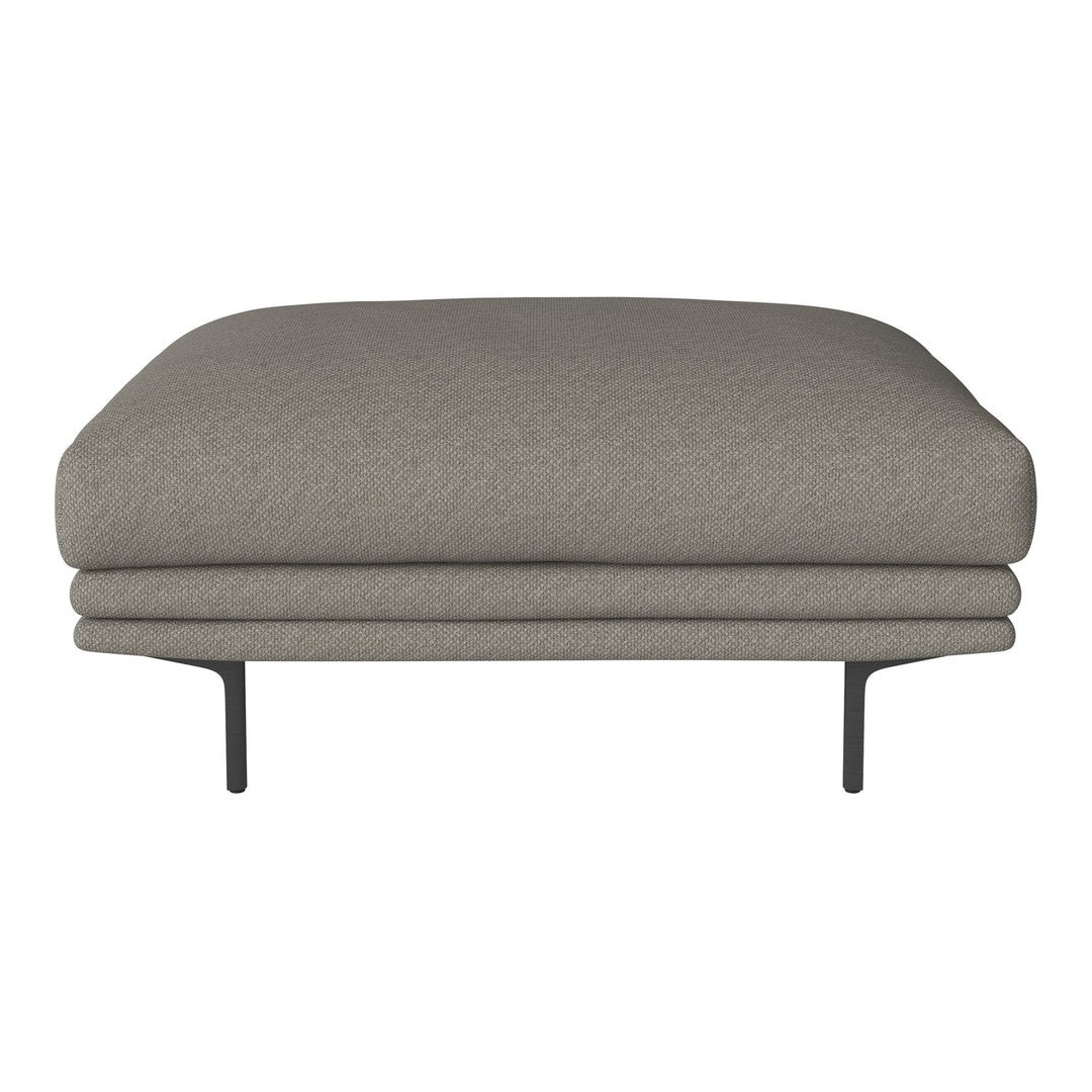 Gray cushioned ottoman with a smooth texture and minimalistic design, featuring a modern black metal base.