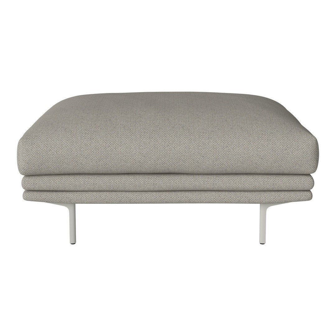 Gray upholstered ottoman with a smooth texture and minimalist design, featuring a sleek metal base.