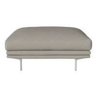 Gray upholstered ottoman with a smooth texture and minimalist design, featuring a sleek metal base.