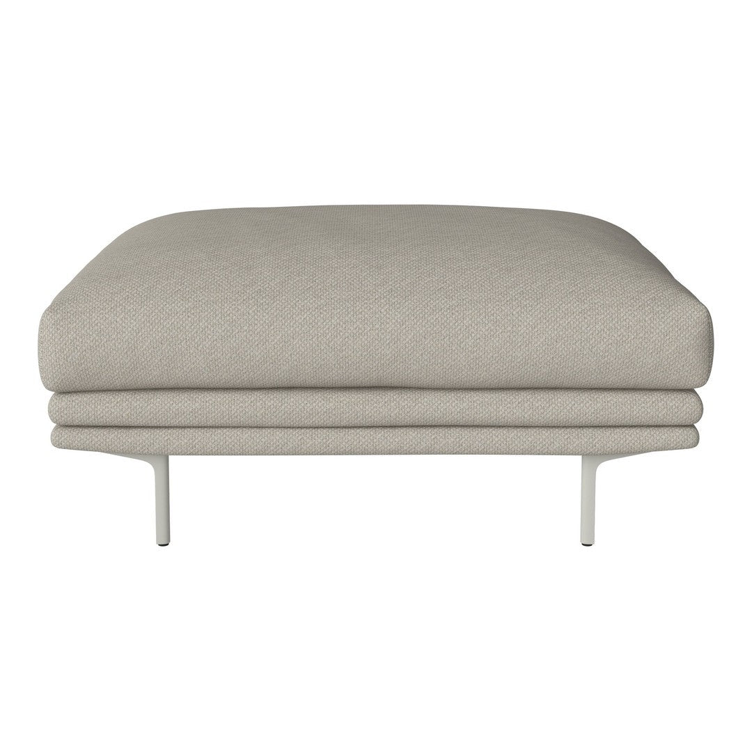 Light gray upholstered ottoman with a smooth, minimalist design and sleek metal legs. Ideal for modern decor.