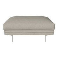 Light gray upholstered ottoman with a smooth, minimalist design and sleek metal legs. Ideal for modern decor.