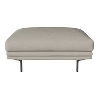 Light gray upholstered ottoman with smooth, rounded edges and minimalist black legs. Textured fabric adds subtle depth.