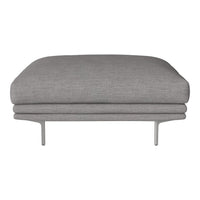 Gray upholstered ottoman with a smooth, minimalist design and sleek metal legs. Perfect for modern decor.