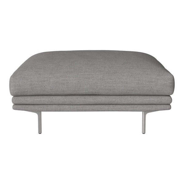 Gray upholstered ottoman with a smooth, minimalist design and sleek metal legs. Perfect for modern decor.