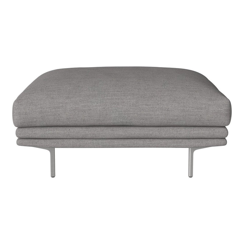 Gray upholstered ottoman with a smooth, minimalist design and sleek metal legs. Perfect for modern decor.