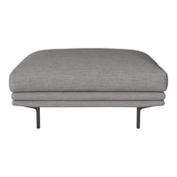 Gray upholstered ottoman with a smooth texture and minimalistic design, featuring sleek black metal legs.