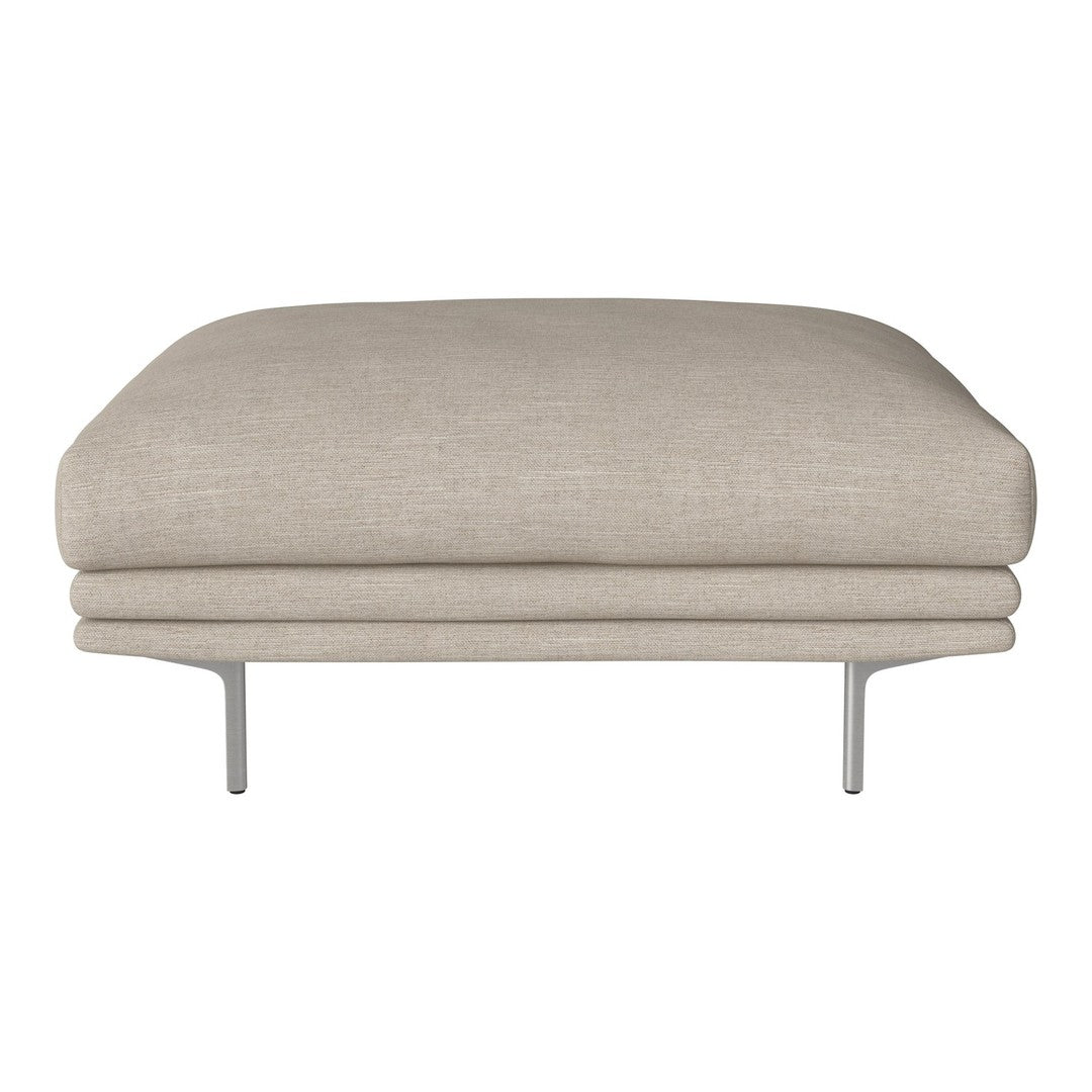 Beige fabric ottoman with a smooth, minimalist design and sleek metal legs, perfect for modern interiors.