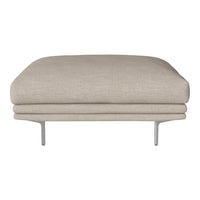 Beige fabric ottoman with a smooth, minimalist design and sleek metal legs, perfect for modern interiors.