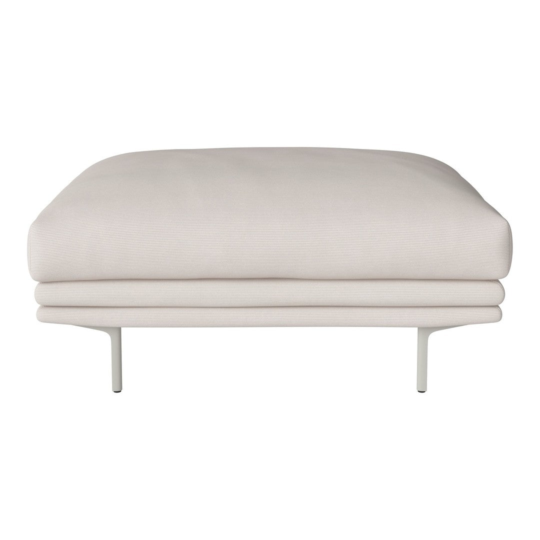 Light beige ottoman with smooth upholstery and sleek metal legs, perfect for modern decor.