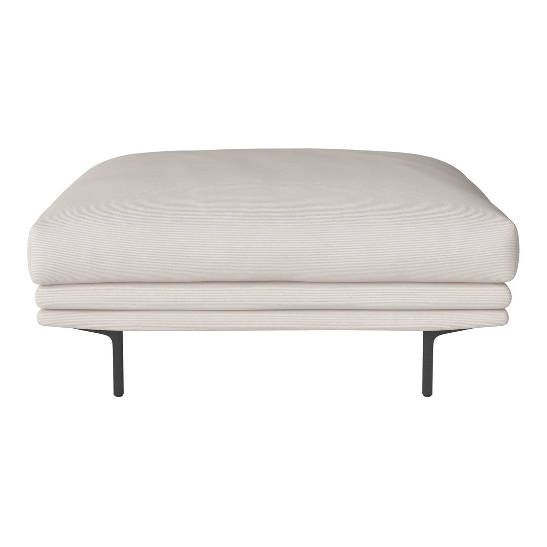 Cream upholstered ottoman with a sleek design and minimalist black metal legs. Perfect for modern decor.