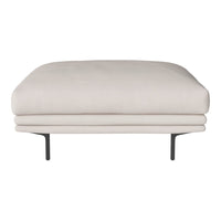 Cream upholstered ottoman with a sleek design and minimalist black metal legs. Perfect for modern decor.