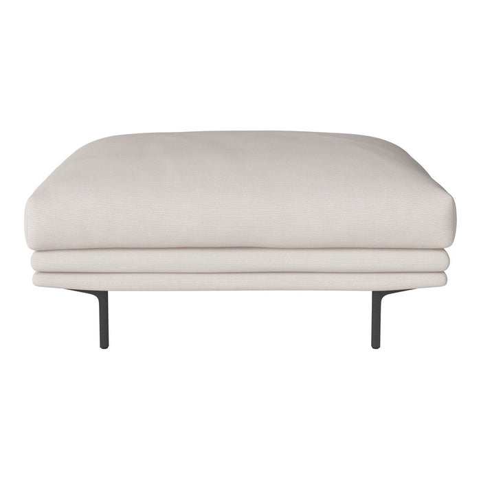 Cream upholstered ottoman with a sleek design and minimalist black metal legs. Perfect for modern decor.