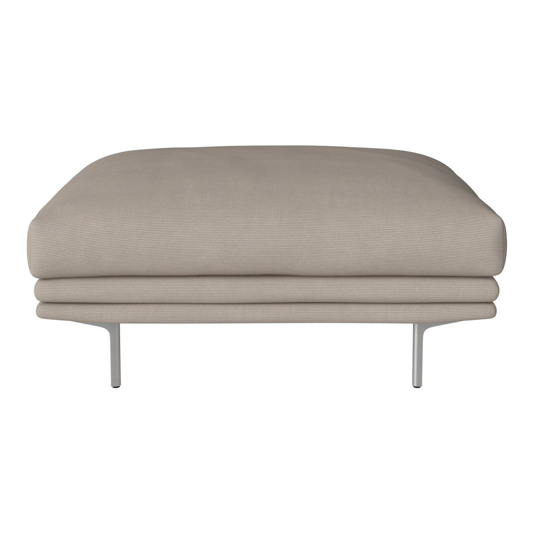 Beige upholstered ottoman with a smooth texture and minimalist design on sleek metal legs.