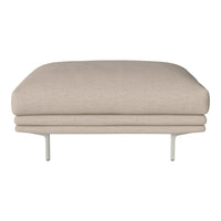 Beige upholstered ottoman with a smooth texture and minimalist design, featuring a neutral color palette.