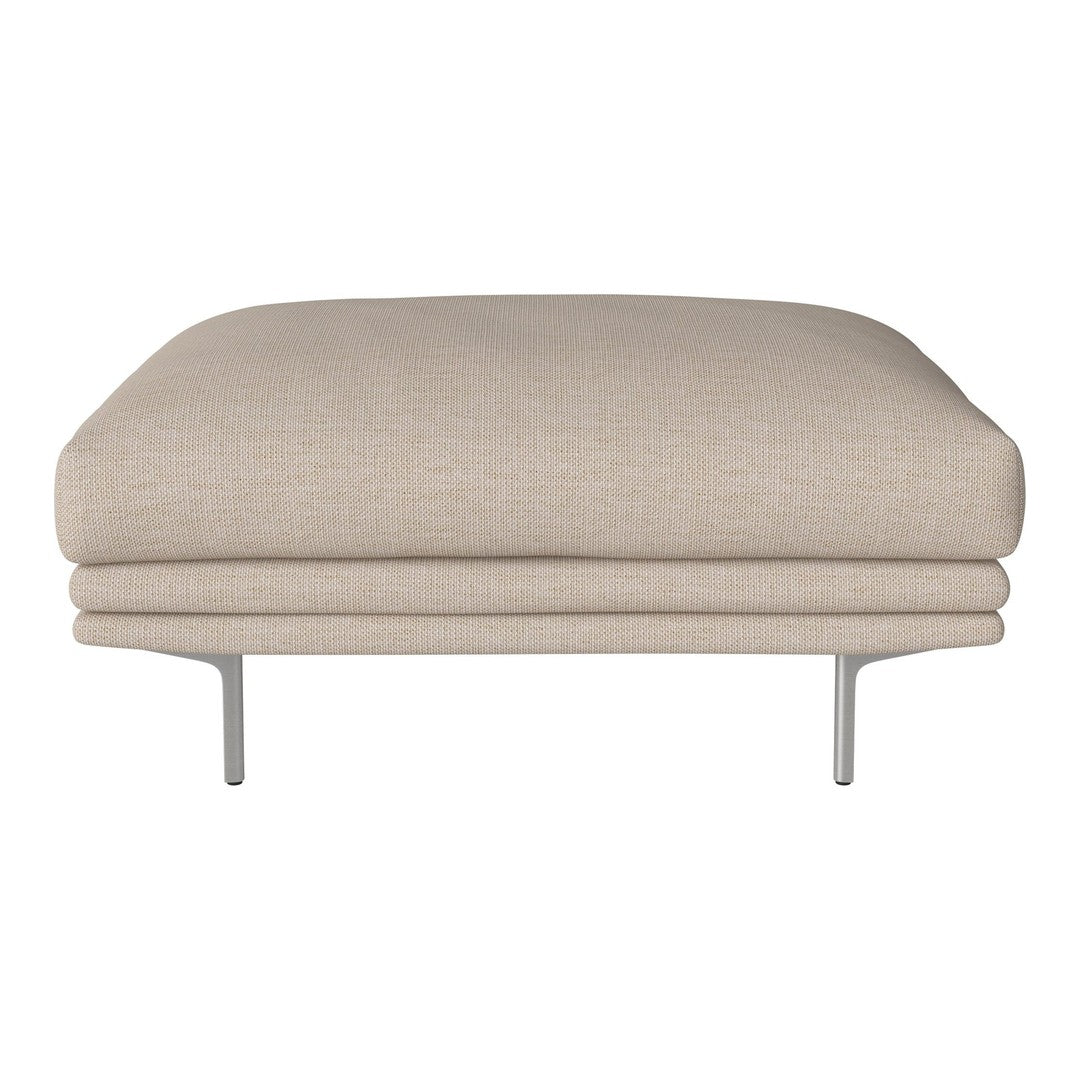 Beige upholstered ottoman with a smooth texture and minimalistic design on sleek metal legs.
