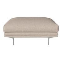 Beige upholstered ottoman with a smooth texture and minimalistic design on sleek metal legs.
