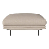 Beige upholstered ottoman with a smooth texture and minimalist design, featuring a sturdy black metal base.