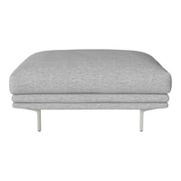 Gray upholstered ottoman with a textured pattern and slender metal legs, perfect for modern decor.