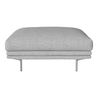 Gray upholstered ottoman with a smooth, minimalist design and metal legs, perfect for modern decor.