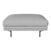 Gray upholstered ottoman with a smooth texture and minimalist design, featuring sleek black metal legs.
