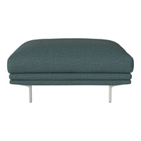 Teal upholstered ottoman with structured pattern and sleek metal legs, ideal for modern living spaces.