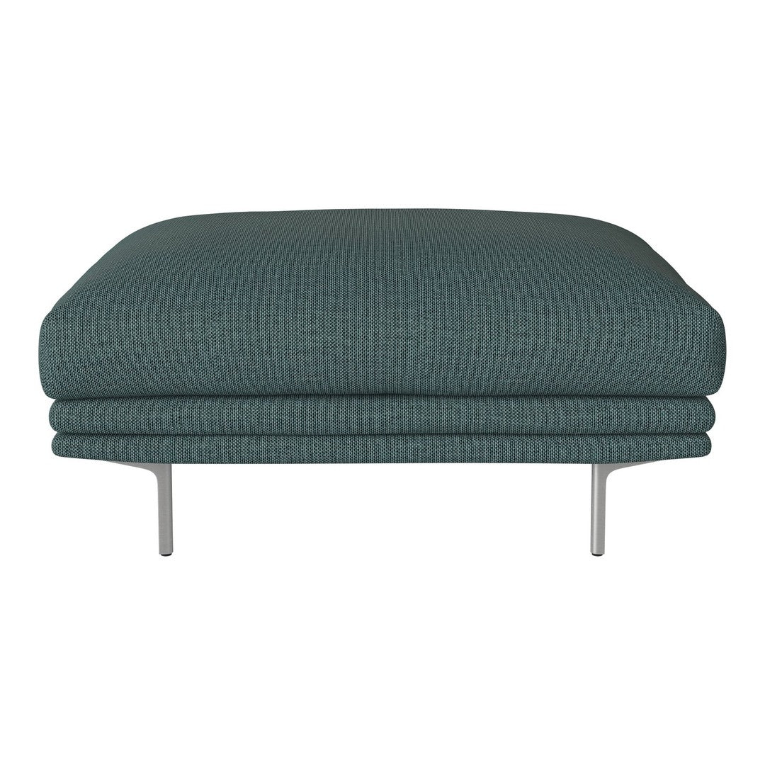 Teal upholstered ottoman with a textured pattern and sleek metallic legs, offering a modern touch for any space.