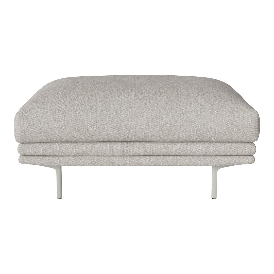 Light gray, upholstered ottoman with a smooth texture and minimalist design on slender metal legs. Perfect for modern decor.