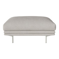 Light gray, upholstered ottoman with a smooth texture and minimalist design on slender metal legs. Perfect for modern decor.