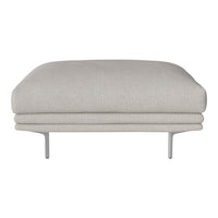 Light gray upholstered ottoman with smooth, minimalist design and sleek metal legs. Perfect for modern decor.